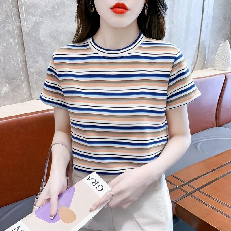 撞色条纹短袖T恤女圆领夏季宽松时尚半袖体恤新款设计百搭上衣ins