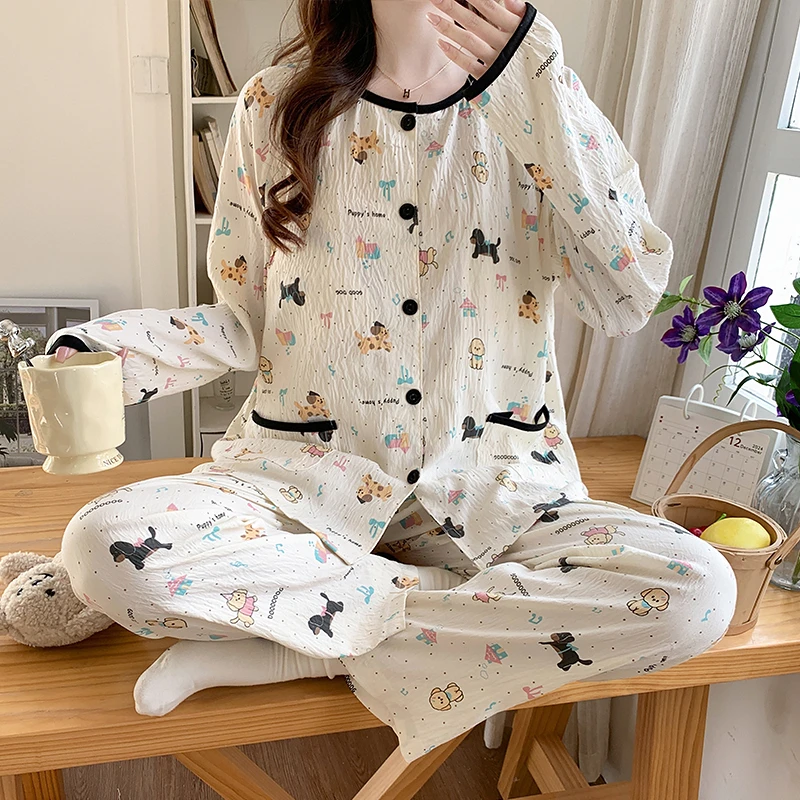 婴儿纱线棉【带胸垫】夏季长袖月子服哺乳孕妇产前产后家居服睡衣