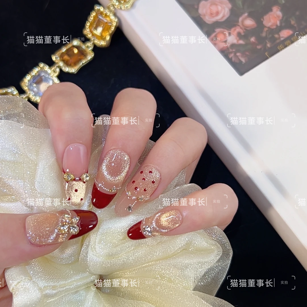 【法式甜酒】新款法式微笑猫眼长款显白显气质纯手工穿戴甲美甲片