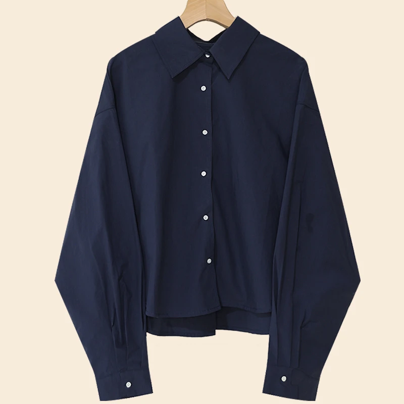 【藏青】简约纯色百搭翻领气质宽松垂感上衣春秋休闲长袖衬衫女