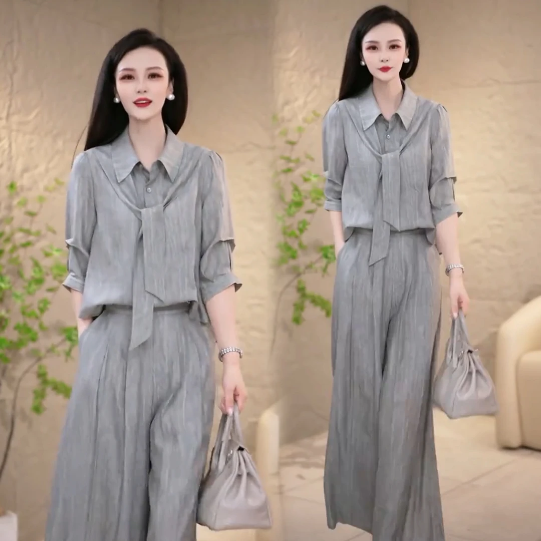 拉夏贝尔时尚套装女2025秋季新款显瘦减龄设计感上衣阔腿裤两件套