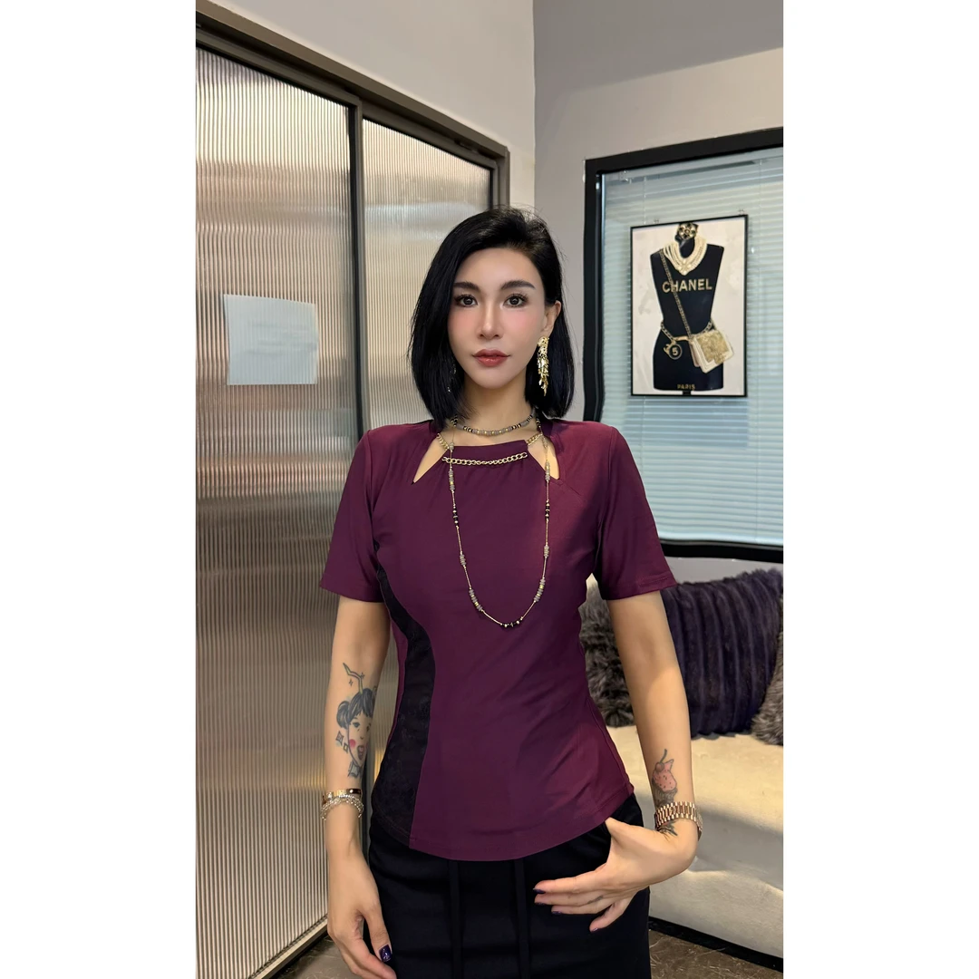 SONG-原创【上衣-听风紫藤】新款重工镂空时尚显瘦透气百搭短袖