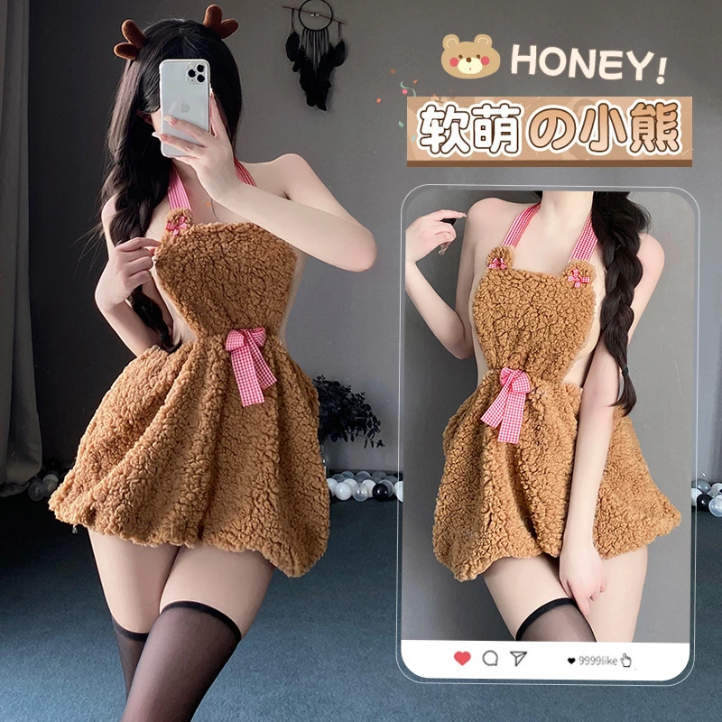 四季通用成人女中长款蝴蝶结拼接短裙卡通风睡裙单件