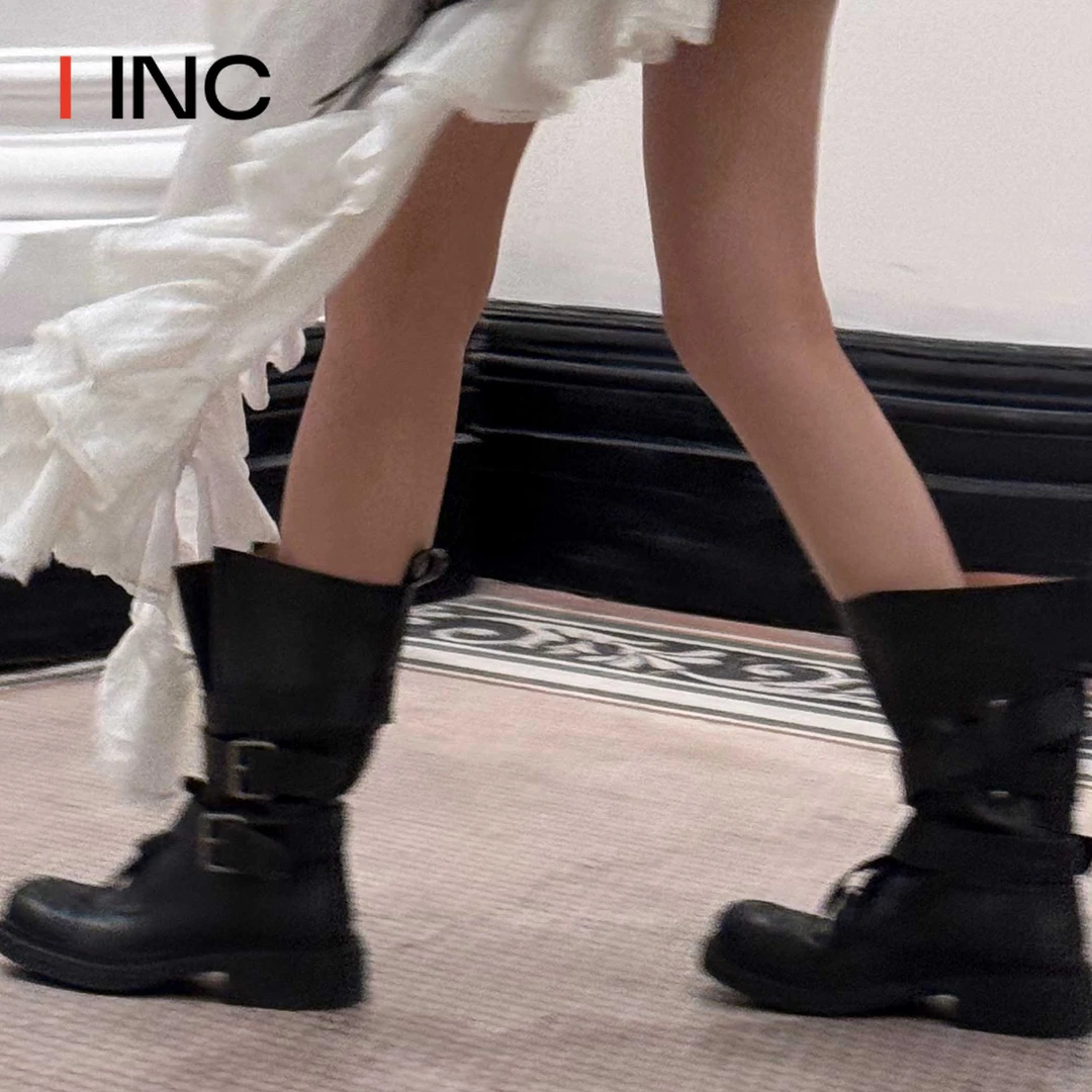 ETHOR 25SS早春新品牛皮搭扣袢机车靴厚底短筒骑士靴女 IINC