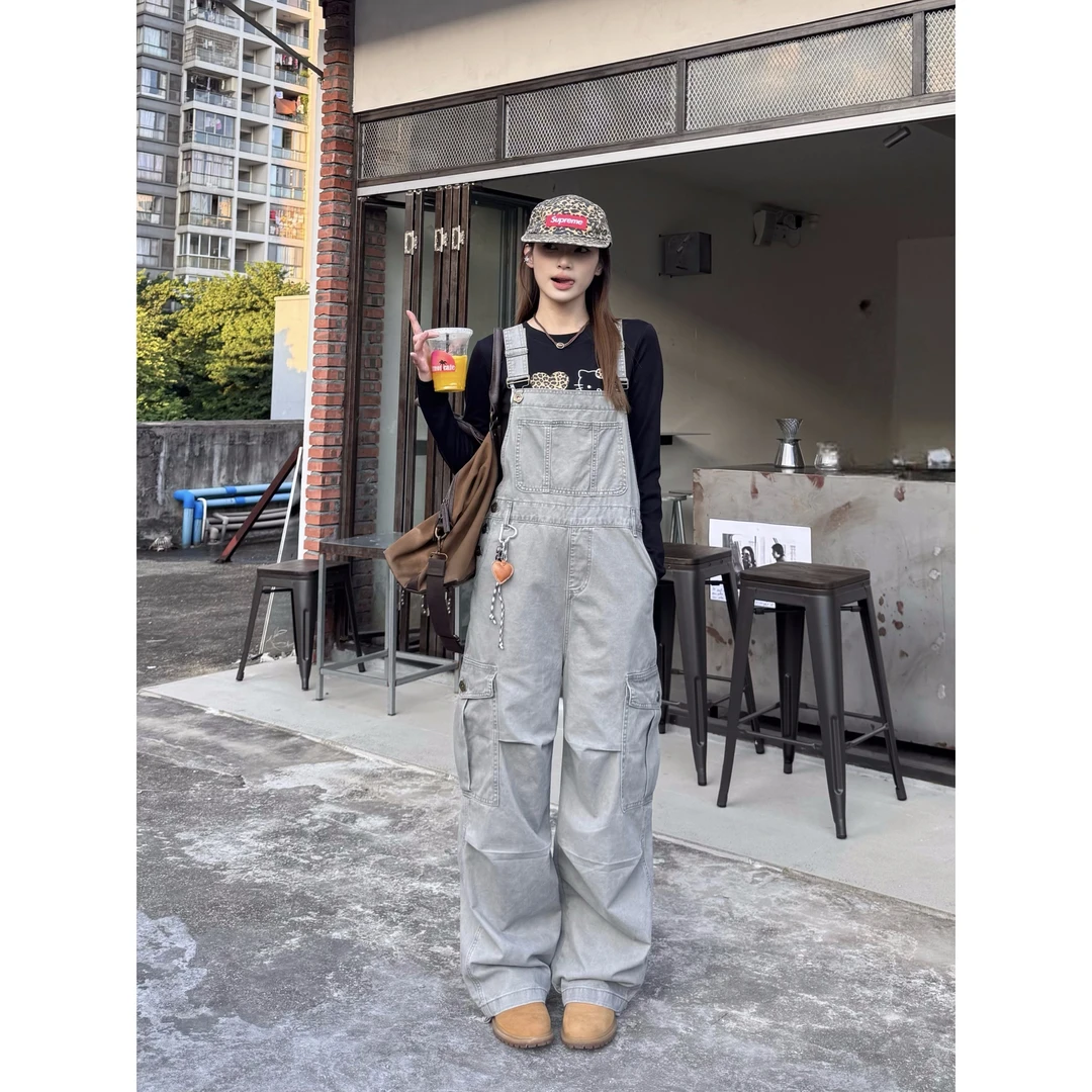 XFX 美式复古宽松日系可束脚工装背带裤女高街阔腿拖地多口袋长裤
