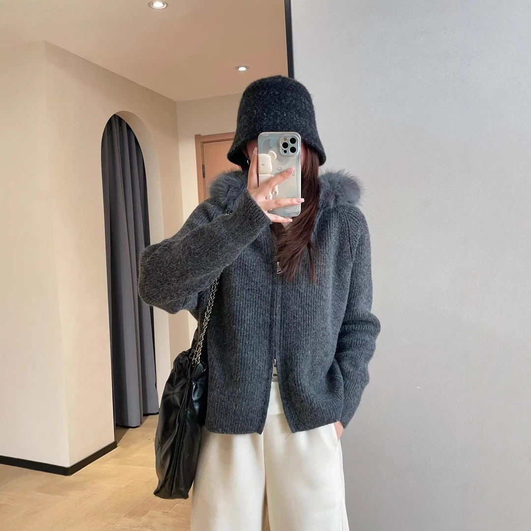 氛围感可拆卸毛领连帽短款拉链针织开衫外套女2025秋冬新G122401