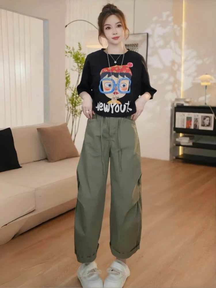 又酷又飒的穿搭套装女2025夏季时尚卡通印花短袖T恤阔腿裤两件套