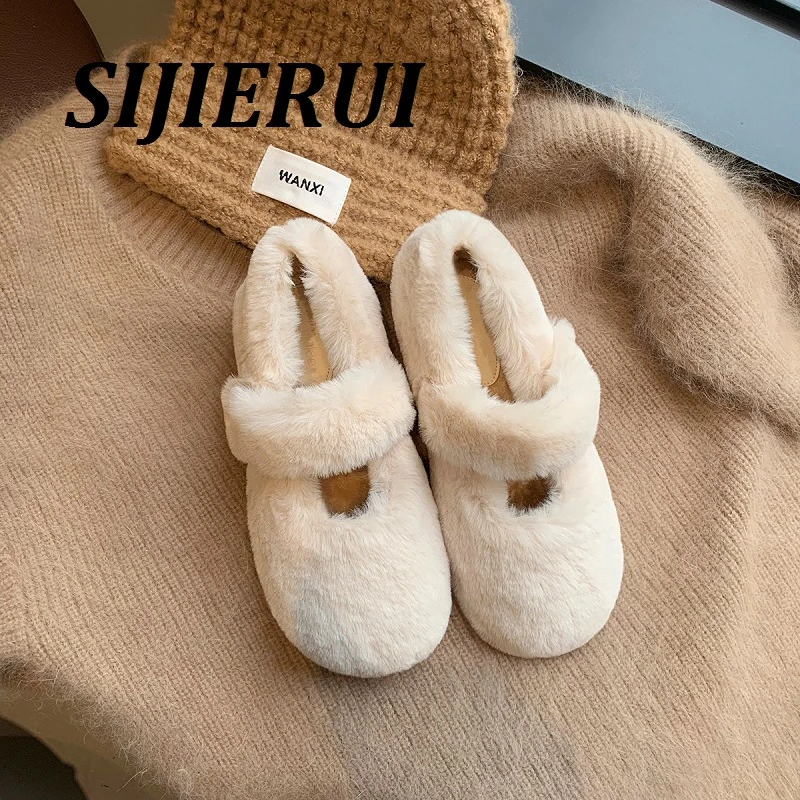 SIJIERUI一脚蹬仙女风加绒保暖毛毛鞋女外穿平底一字带圆头豆豆鞋