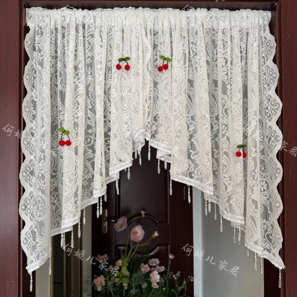 法式蕾丝凤尾钉珠吊珠卧室厨房垭口半门帘玄关隔断免打孔送伸缩杆