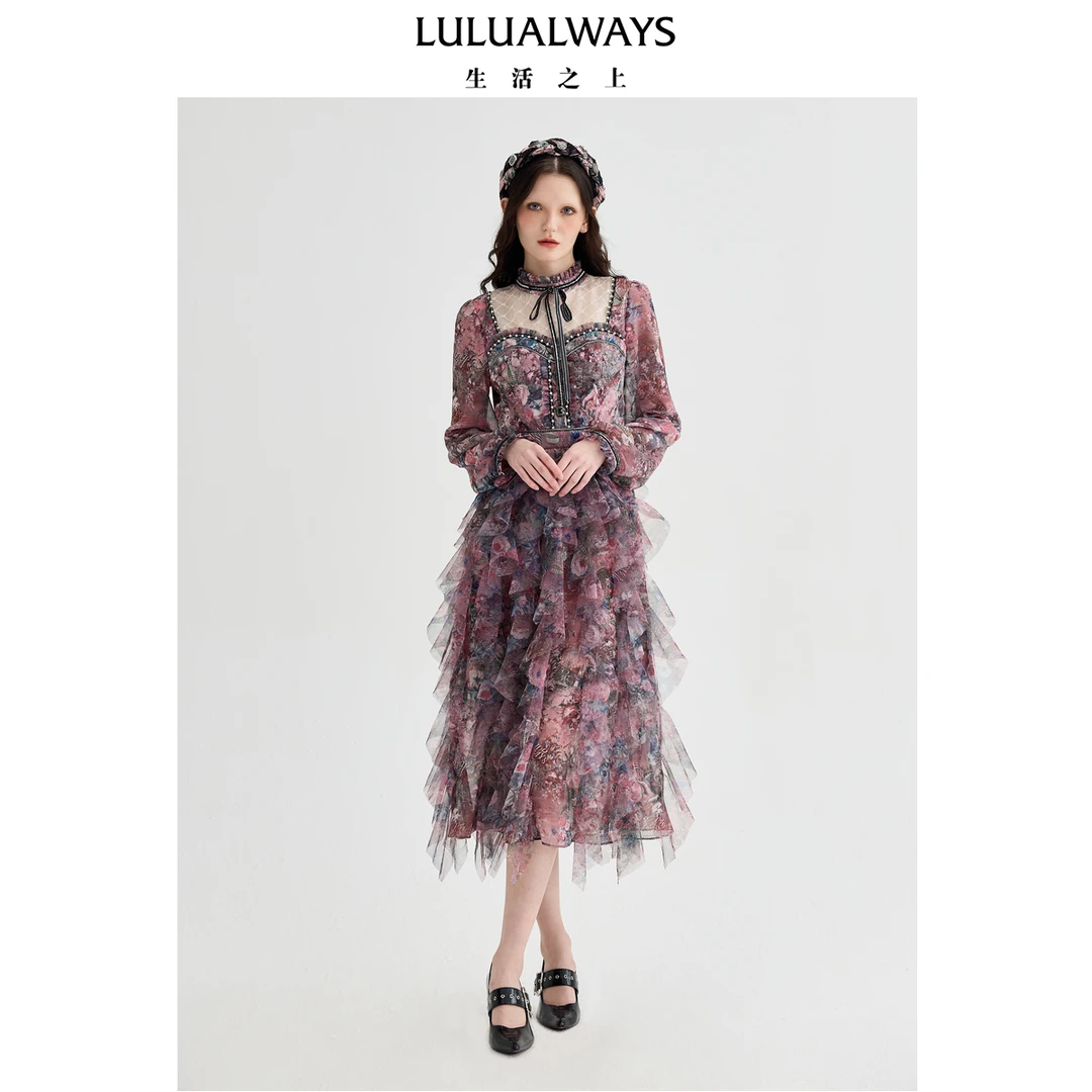 LULUALWAYS【商场同款】25春季新款法式优雅浪漫花稿蛋糕连衣裙女