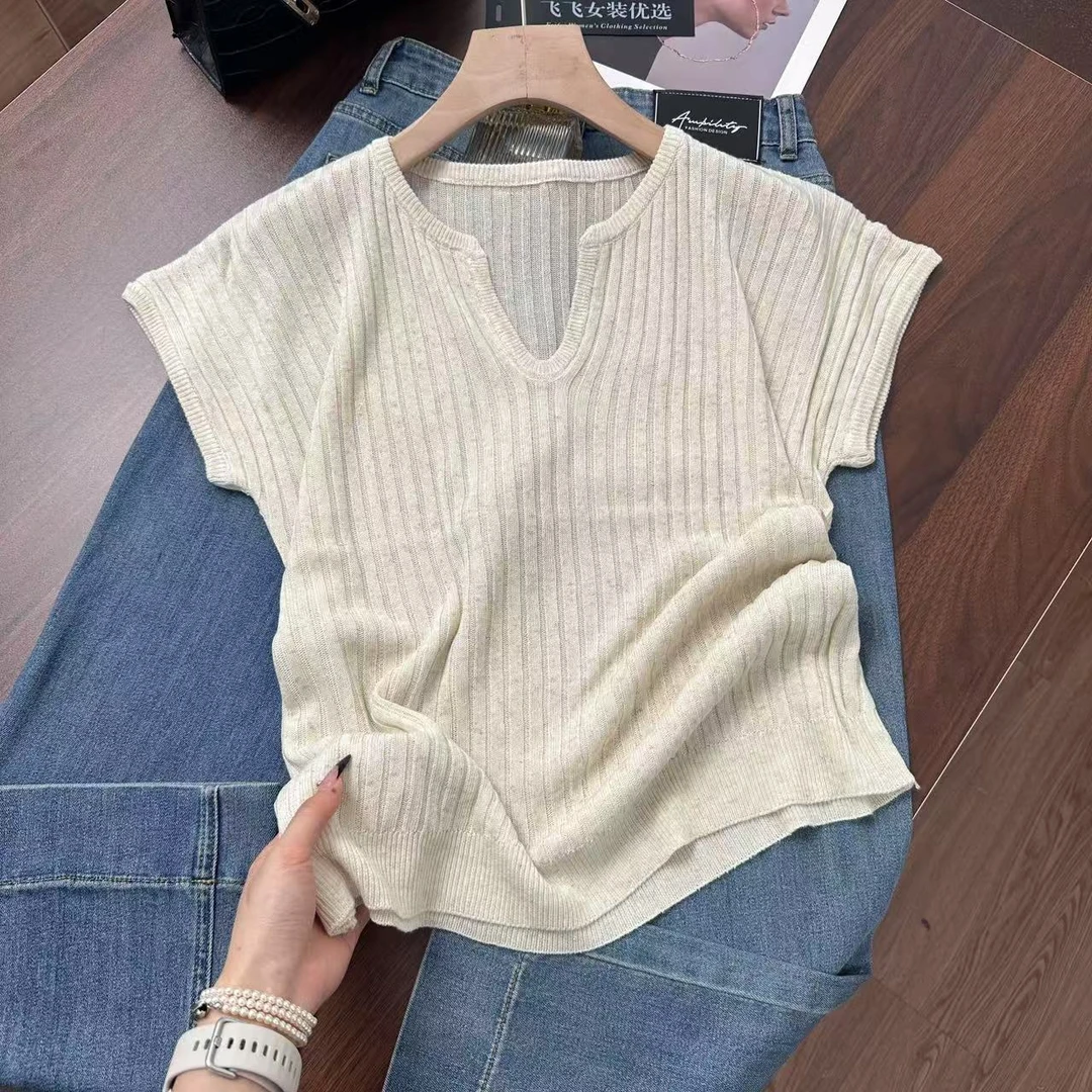 燕麦色好气质~竖坑条无敌显瘦！夏天穿好凉快小飞袖针织衫Y7543杏