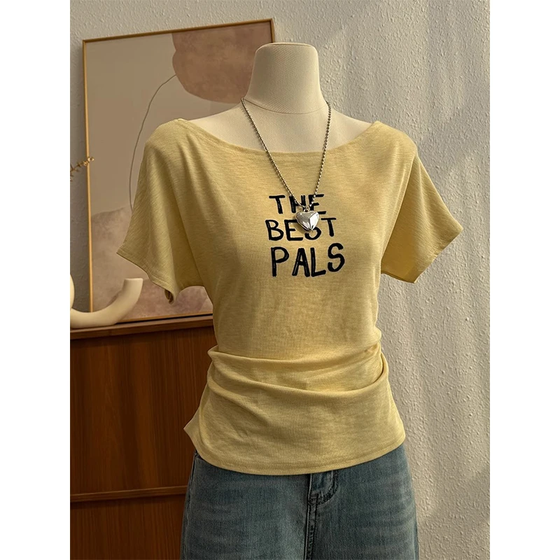 美式辣妹短袖t恤女夏季小众设计感修身独特漂亮一字肩褶皱上衣服