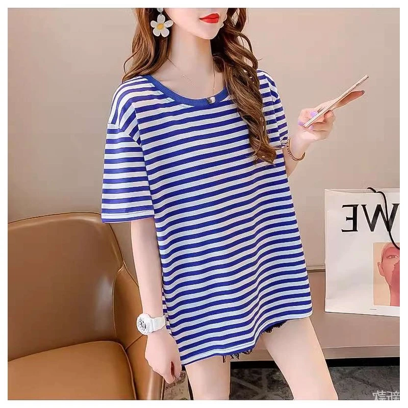 海魂衫短袖女款圆领T恤男女情侣装蓝白条纹水手服园服班服工服DIY