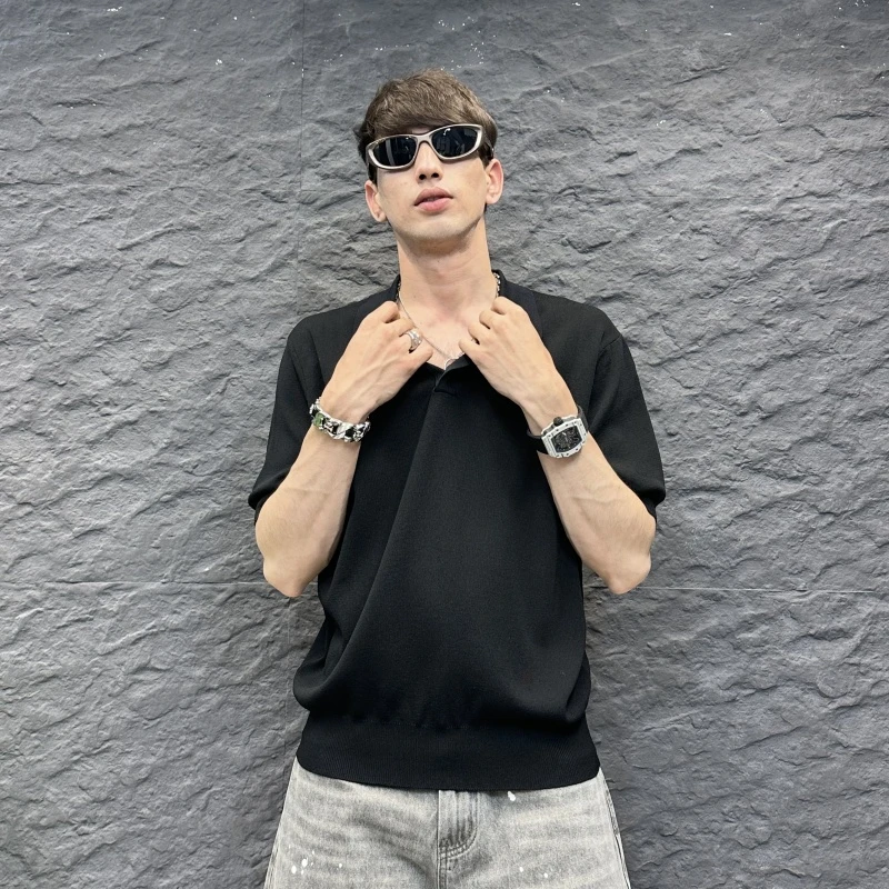 2025夏季美式短袖亨利领t恤短袖男冰丝透气针织上衣老钱风POLO衫