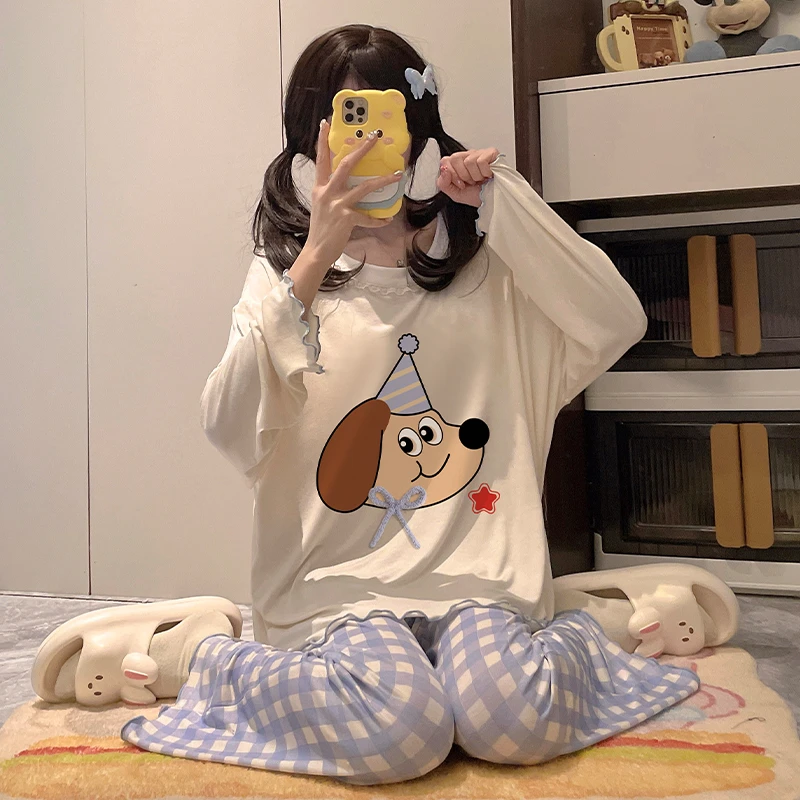 伊束姿春秋季睡衣带胸垫女生长袖莫代尔棉少女可爱家居服套装凉感