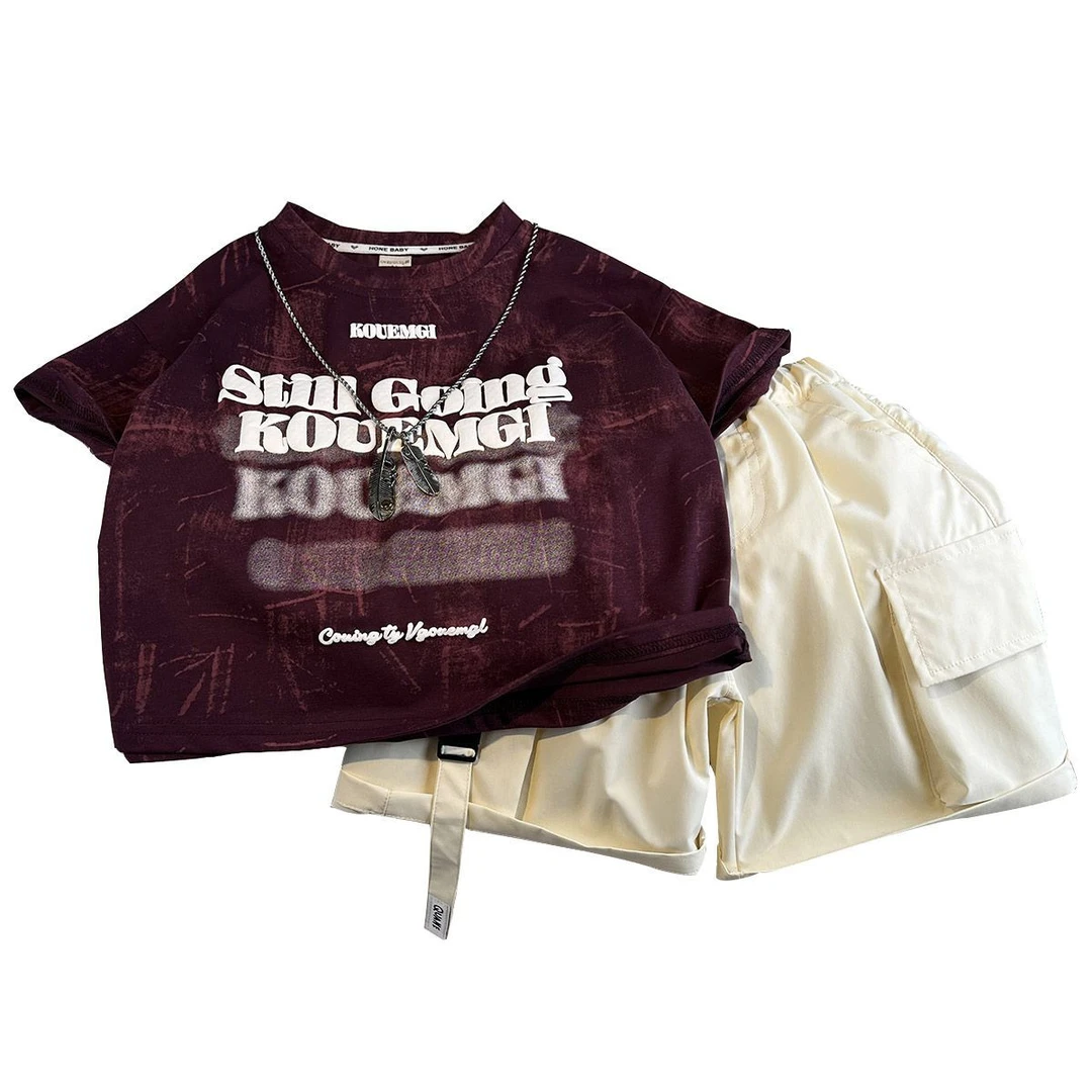 套头套装男童休闲男纯色潮流复古夏装夏季韩版薄款百搭时尚