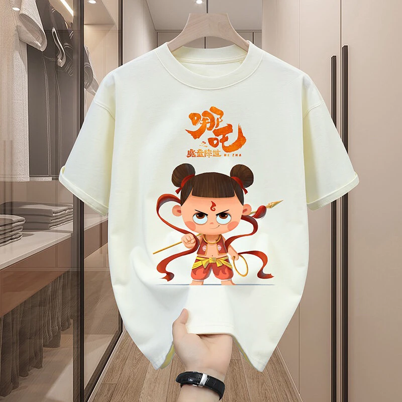 2025夏季新款短袖T恤国潮圆领哪吒印花青年百搭男士半袖棉质上衣