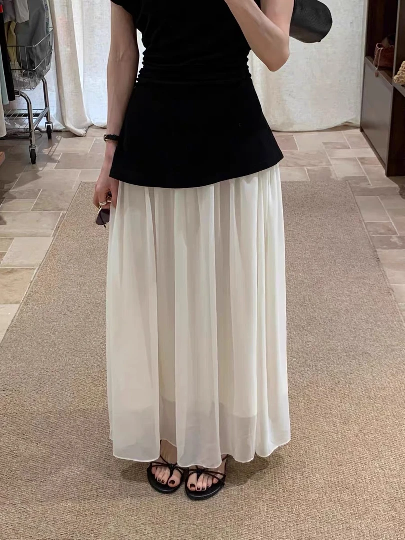 夏季斜肩收腰假两件拼接雪纺设计感长裙