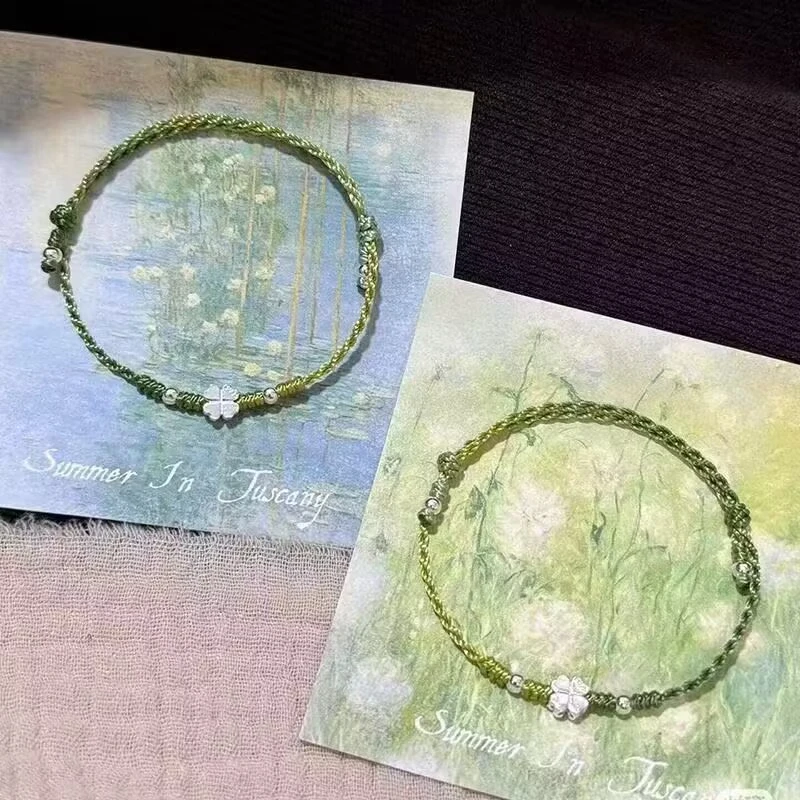 合金布艺手链 绿色四叶草小蝶蜡线编织手链女时尚显白设计感简约