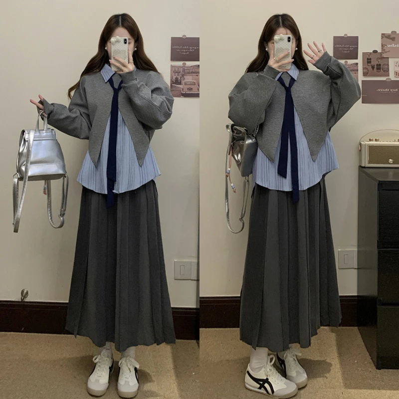 大码女装秋季新款长袖条纺衬衫灰色马夹穿搭一体半身裙三件套套装