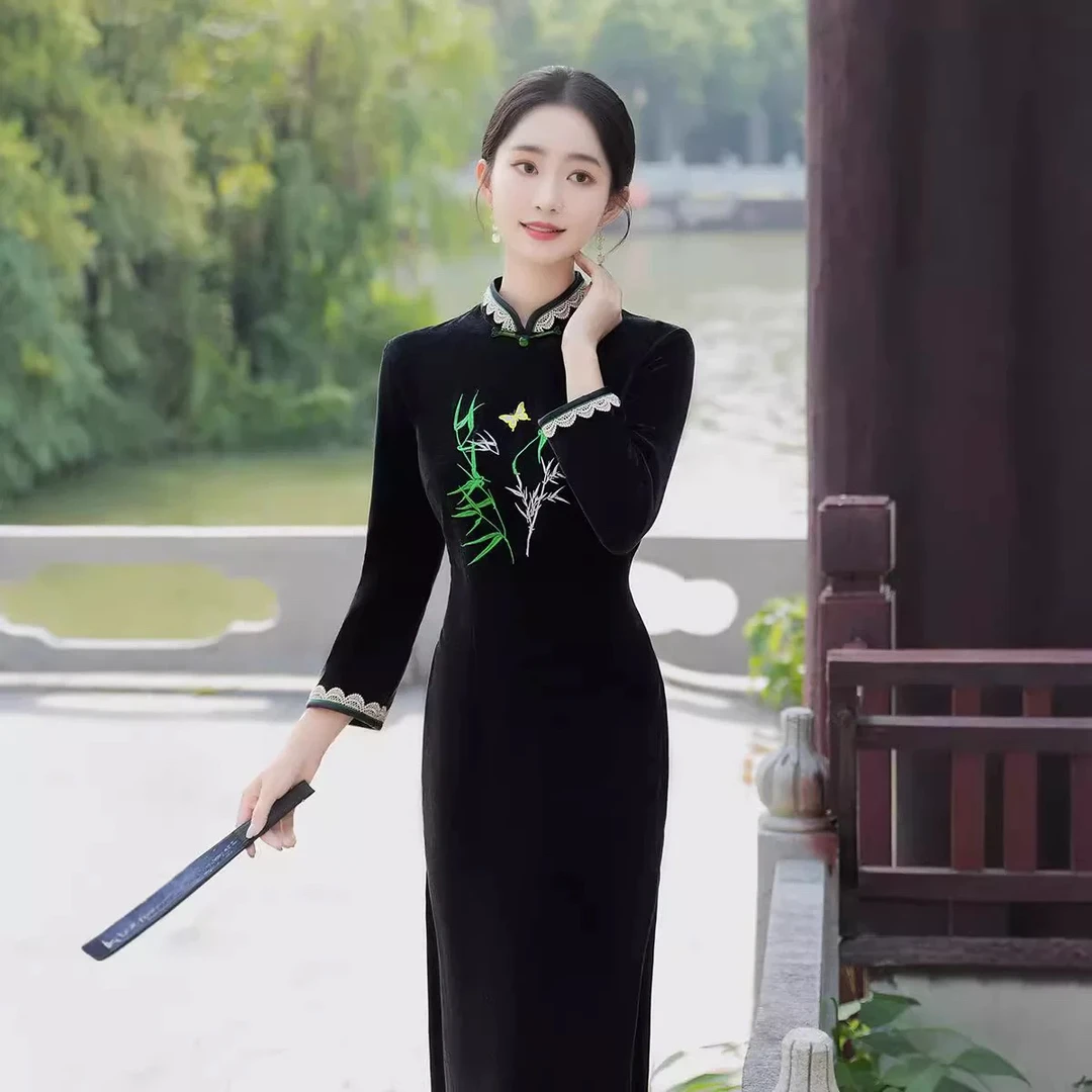 V-2241 楚中歌 雪锦绒 秋冬款加厚年轻款改良旗袍120cm长款