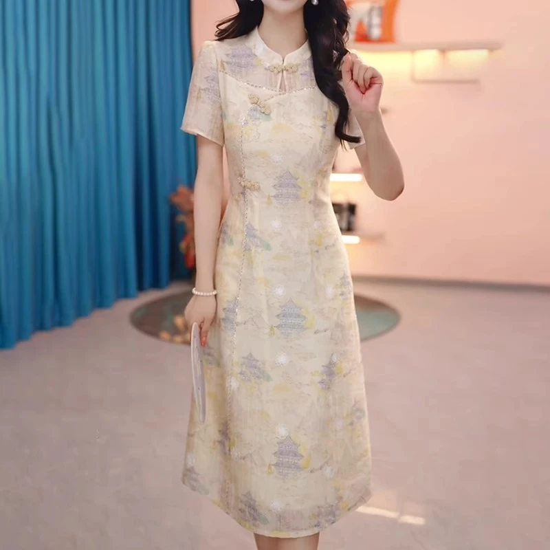 妈妈短袖旗袍连衣裙女夏季2025新款新中式印花显瘦中长款a字裙子