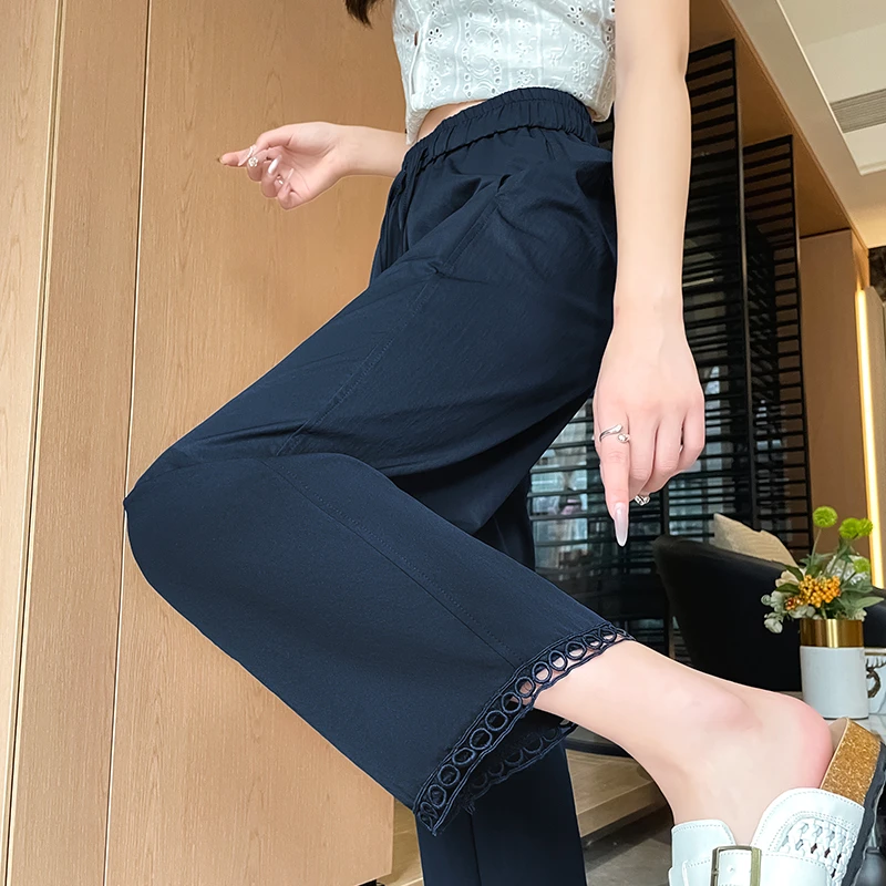 蕾丝花边冰丝休闲直筒裤女夏季薄款矮小个子八分垂感宽松九分裤