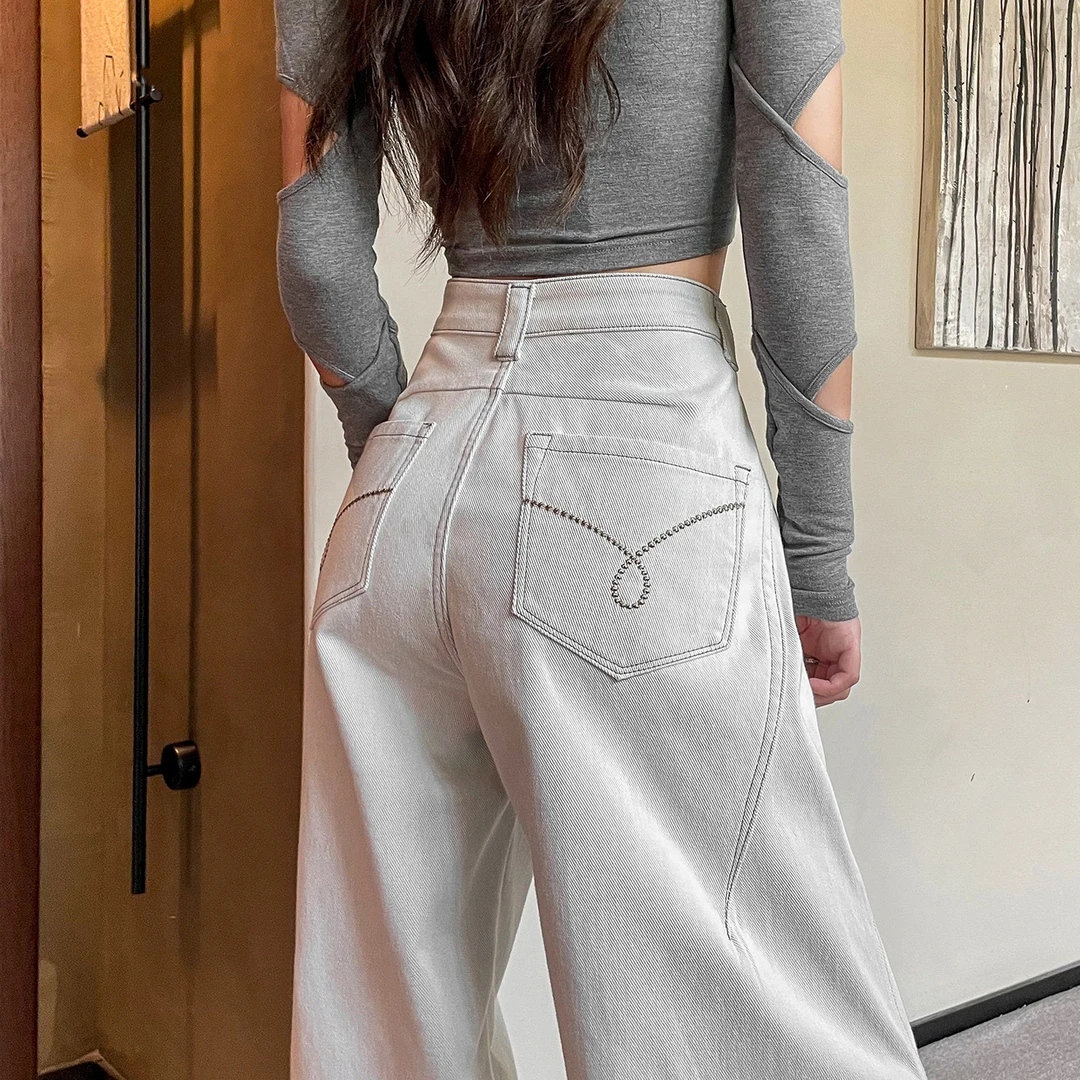 灰白色阔腿牛仔裤女春秋2025新款高腰宽松显瘦百搭窄版直筒拖地裤