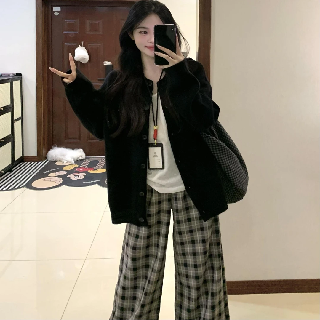 黑色针织开衫女秋季宽松慵懒风休闲百搭新宽松慵懒加绒加厚毛衣