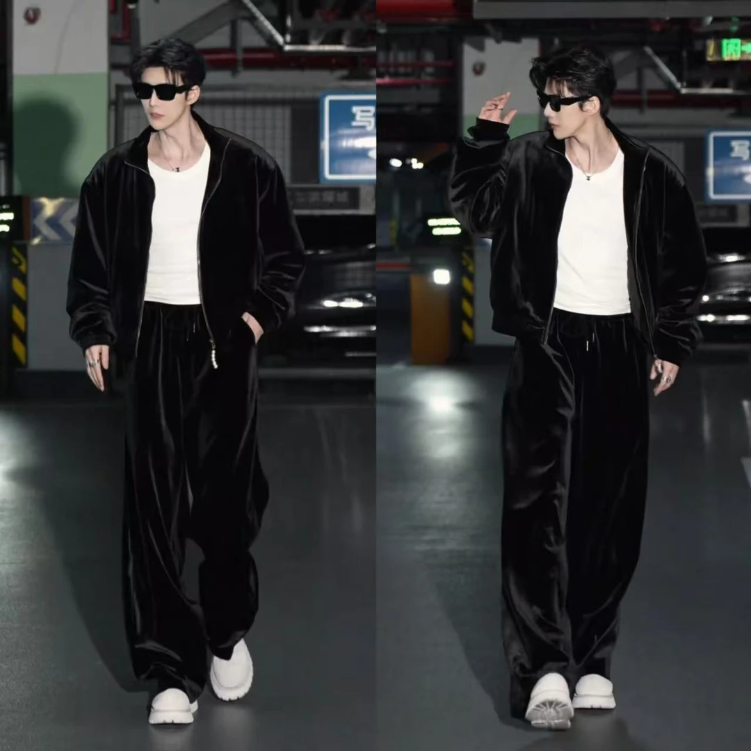 秋冬新款金丝绒高级感男士立领时尚套装夹克弯刀裤气质洋气一整套