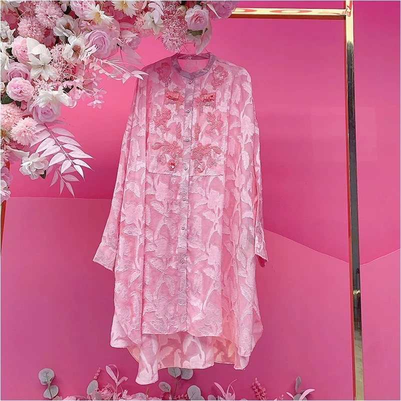 X22441欧美设计师2025夏季新款重工钉珠刺绣亮片时尚宽松衬衫裙女