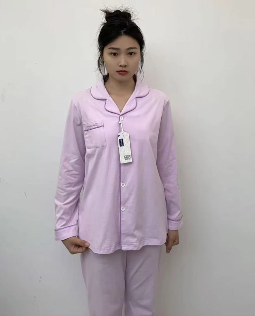 春秋季全棉翻领女款睡衣对襟长袖宽松纯棉套装休闲家居服