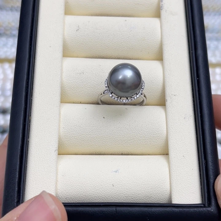 海水珍珠戒圈银S925镶嵌铂金灰戒指12-13mm