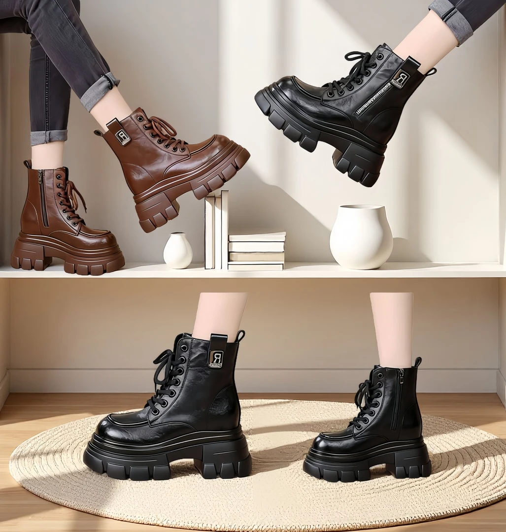 小个子10厘米内增高马丁靴女鞋2025秋冬新款英伦风加厚羊毛靴2468