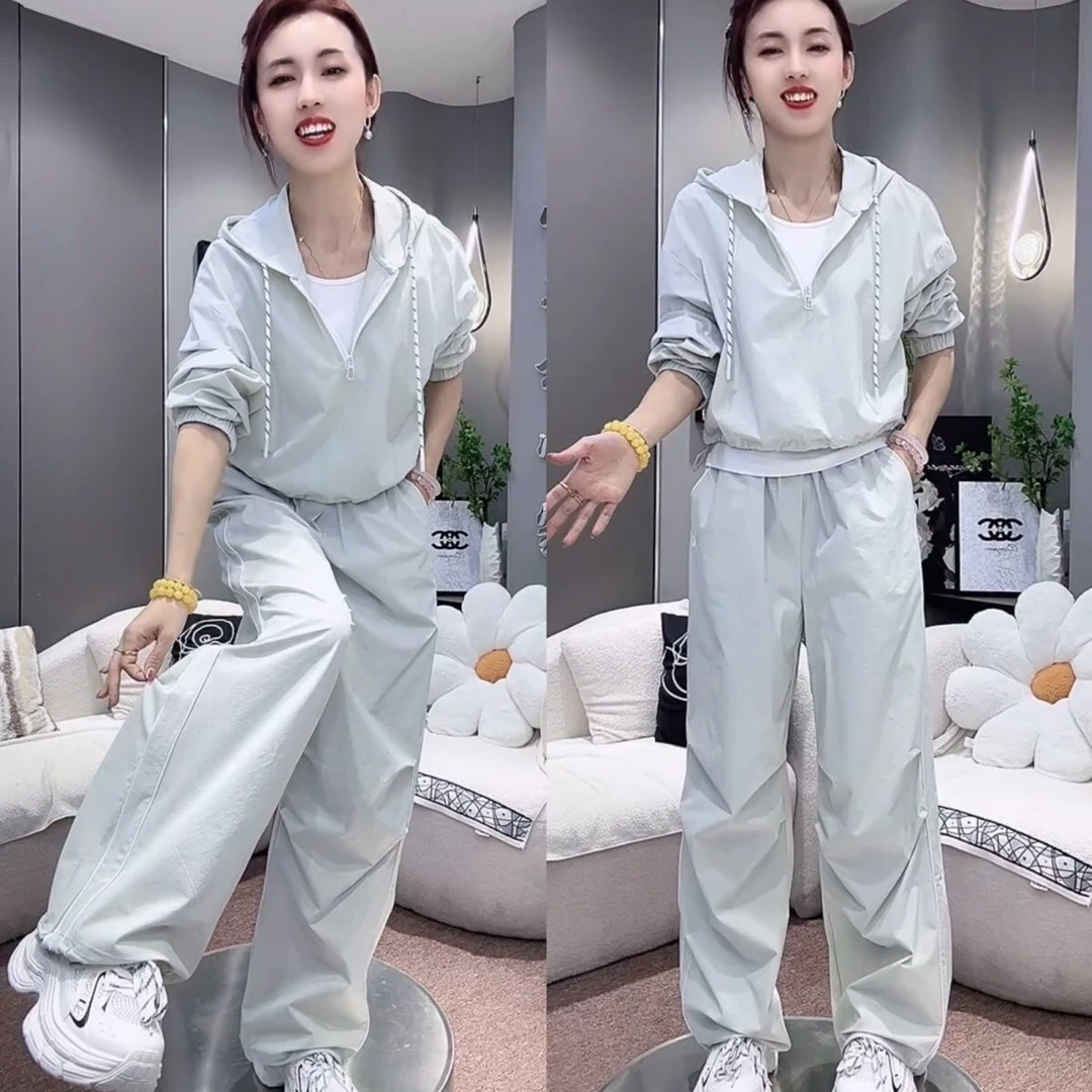 春夏新款宽松薄款洋气三件套连帽外搭夏季背心工装裤清新套装潮