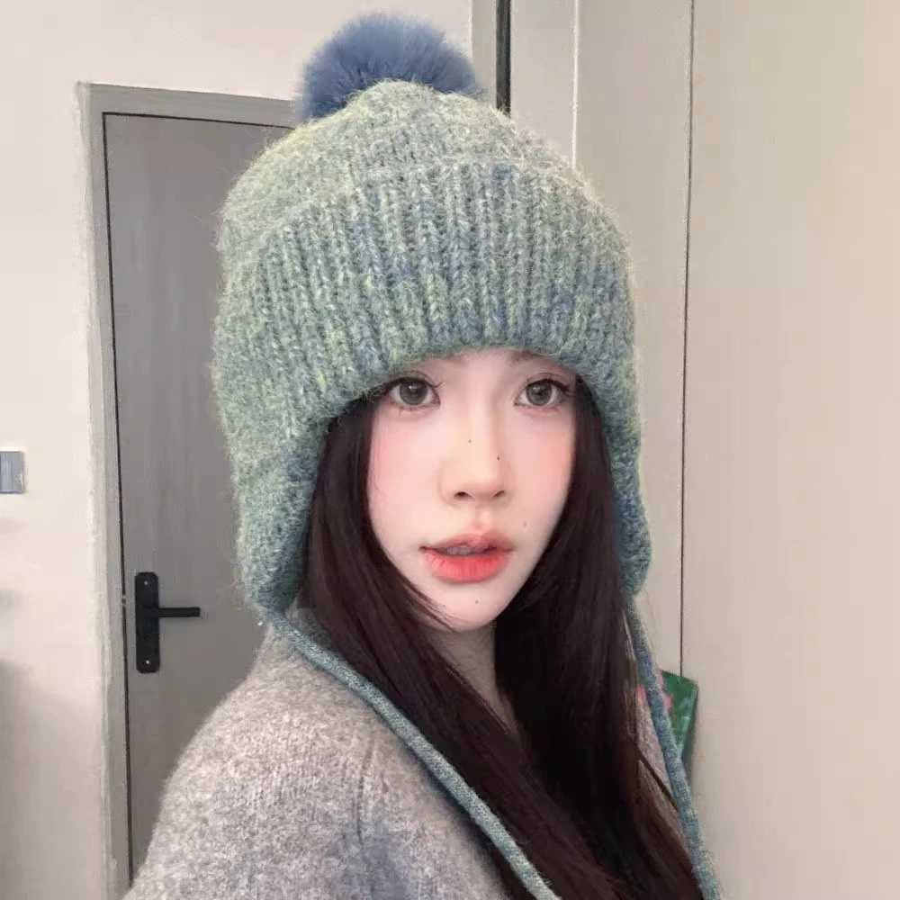 毛球针织毛线帽女秋冬季超厚保暖可爱防寒护耳帽百搭显脸小雷锋帽