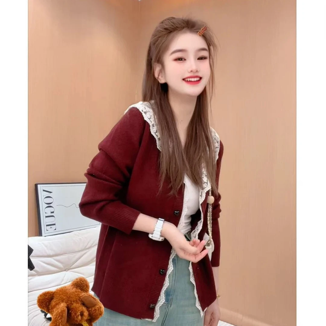 2025年春季新款连帽针织开衫设计感拼接蕾丝拼色宽松打底衫上衣女