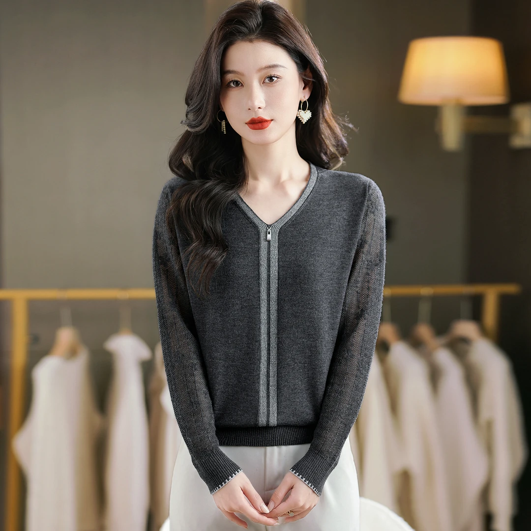 大码女装V领气质镂空长袖针织薄款秋装新款轻熟风春秋显瘦上衣