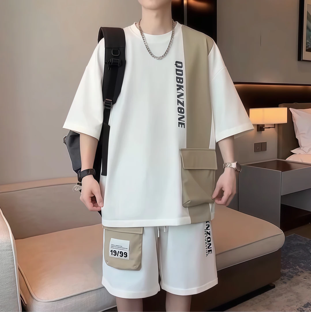 青少年工装口袋休闲运动套装男装夏季新款痞帅短袖T恤短裤两件装