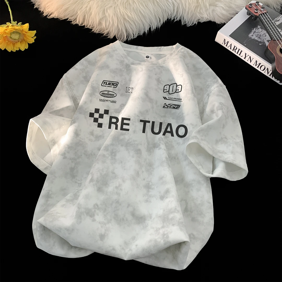 重磅扎染麂皮绒短袖T恤男生2025夏季新款ins潮流宽松型体恤上衣服