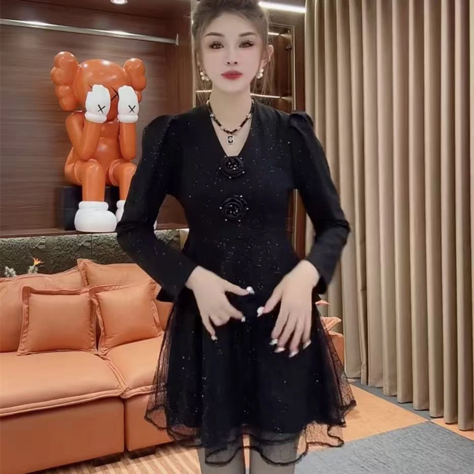 新款假两件拼接设计纯色法式时尚显瘦短款时尚秋季连衣裙女潮