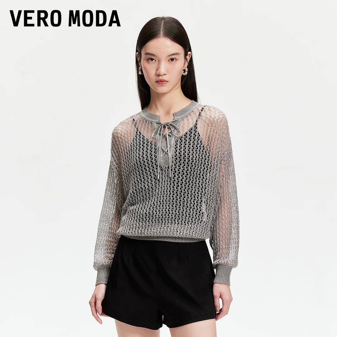 Vero Moda针织衫25春季新款金属丝V领绑带长袖镂空针织325124060
