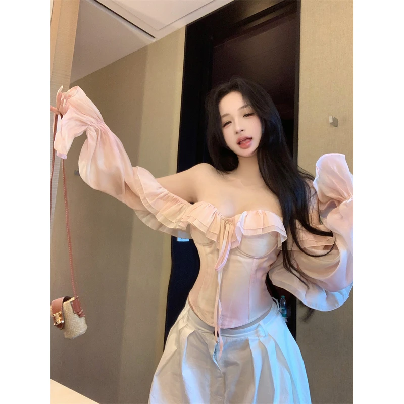 法式气质设计感一字肩吊带背心女性感甜美荷叶边鱼骨收腰长袖上衣