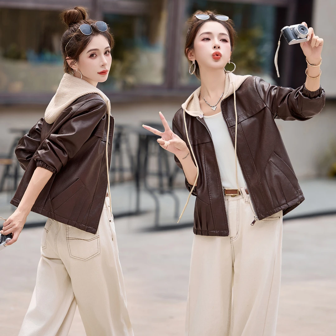 连帽皮衣短外套女高级感春秋新款小个子宽松气质洋气国风小外套