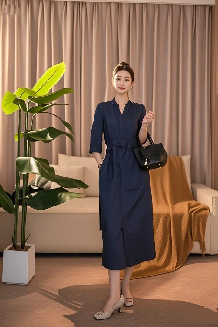 2025新款夏季简单气质大方显瘦亚麻连衣裙女2521