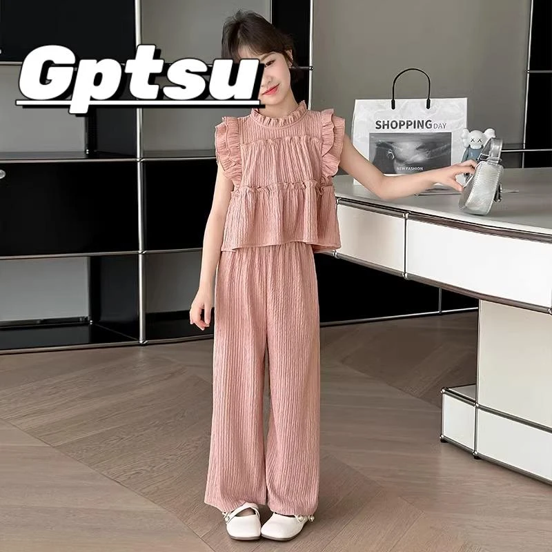 GPTSu女童夏装套装2025新款儿童夏洋气薄款阔腿裤两件套大童宽松