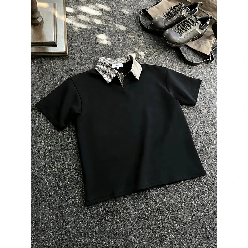 千鸟格空气层POLO衫男款短袖T恤夏季假两件五分半袖美式重磅体恤