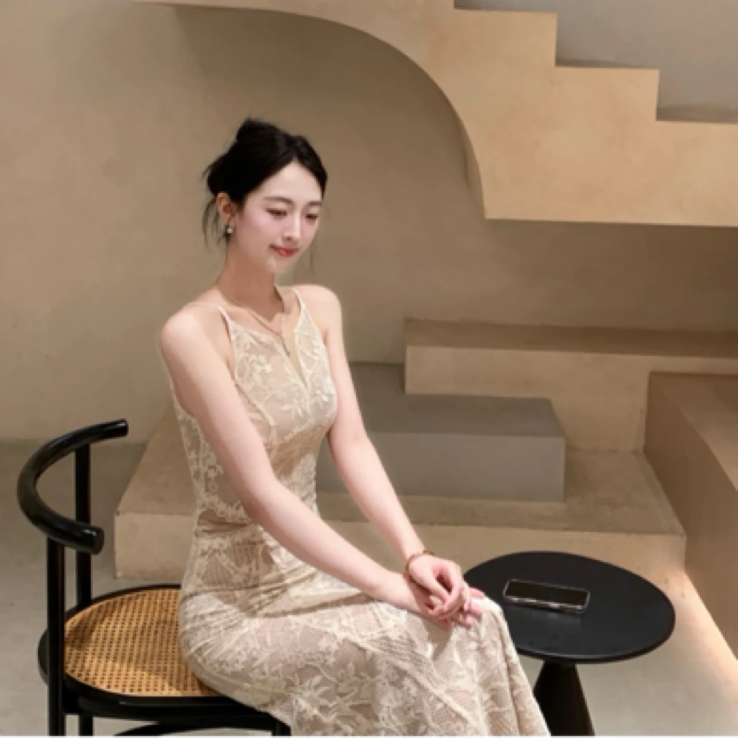 【甜橙】法式高级感蕾丝提花无袖连衣裙-MH70196