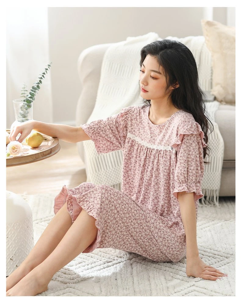 睡衣女夏季拉架棉短袖七分裤可外穿家居服套装（23227）