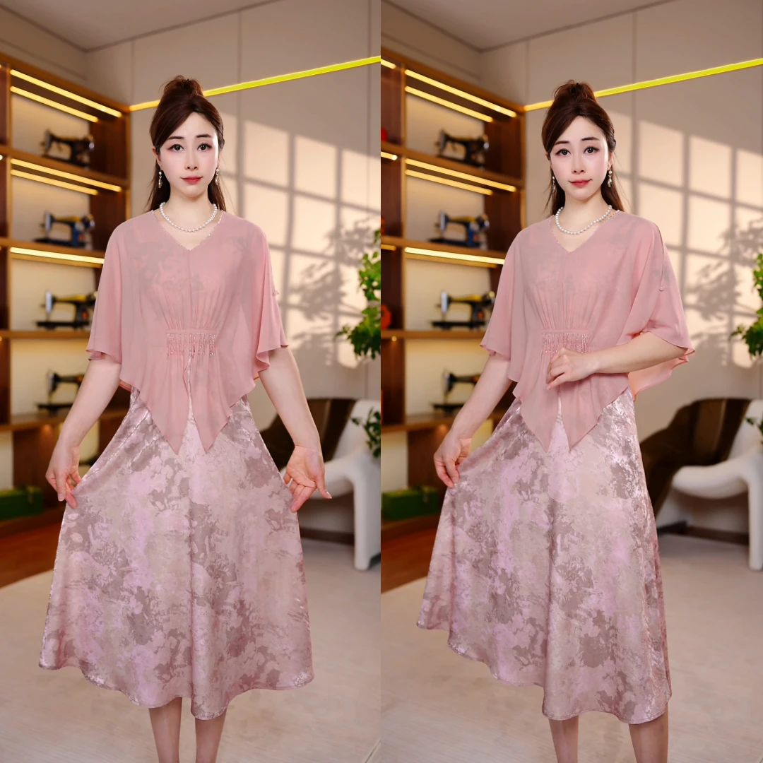 SWB01-2025年新款优雅粉色假两件套连衣裙珍珠装饰气质中长裙女装